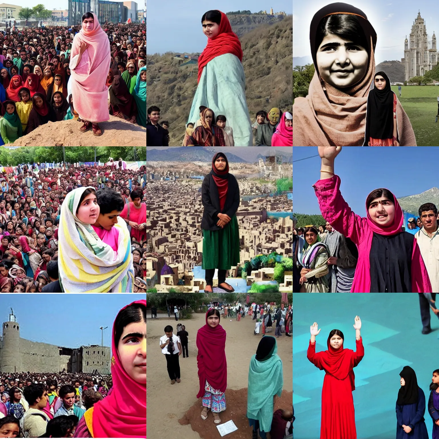 Prompt: Giant Malala Yousafzai stands next to a town, surrounded by people, Gulliver's Travels