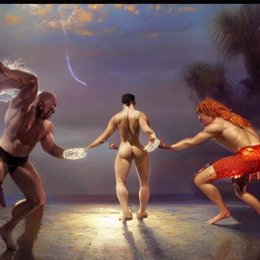 Image similar to bald wrestler breaking blonde wrestler's back, radiant light, caustics, heroic, bright iridescent light, by gaston bussiere, bayard wu, greg rutkowski, maxim verehin, epic wrestling combat, legendary