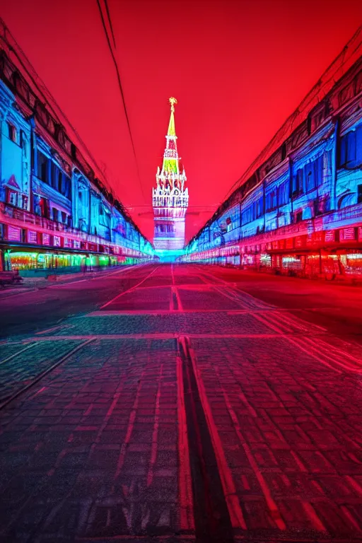 Image similar to neon streets of moscow with red square, 4 k, award winning photo, cyberpunk style