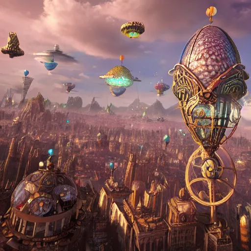 Image similar to enormous flying city in a faberge egg, sky background, steampunk, fantasy art, masterpiece, unreal engine