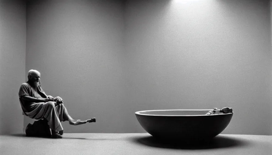 Image similar to 1 9 6 0 s movie still by tarkovsky of an elder socrates drinking hemlock in a bowl in his bath, cinestill 8 0 0 t 3 5 mm b & w, high quality, heavy grain, high detail, panoramic, cinematic composition, dramatic light, anamorphic, jacques louis david style, raphael style, piranesi style