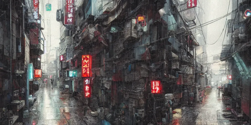 Prompt: Cyberpunk back alley on a rainy day in Japan, low angle view, detailed matte painting, cinematic, Helio Frazao, Artstation