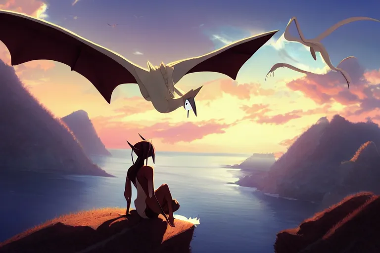 Image similar to a large smooth skinned white creature hybrid pterosaur, small quills along it's back, long fangs, sitting on a cliff high in the sky, sunset, backlit, beautiful composition, by makoto shinkai an krenz cushart