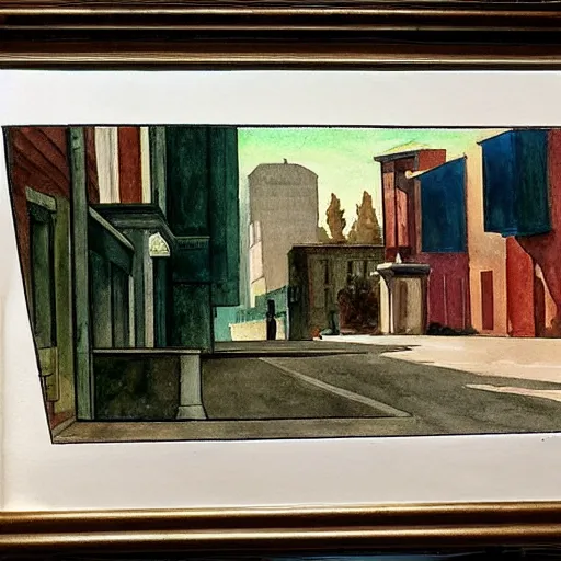 Prompt: old downtown road by edward hopper, water color painting and stained glass light