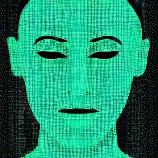 Image similar to computer generated woman made of green vector lines, headshot, dead stare, mouth closed, sci fi, scan lines, crt,