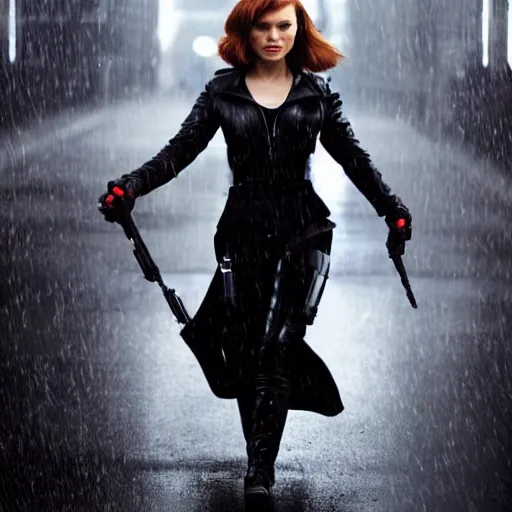 Prompt: Natalie Portman as Natasha Romanoff (The Black Widow), dramatic cinematic portrait, rain