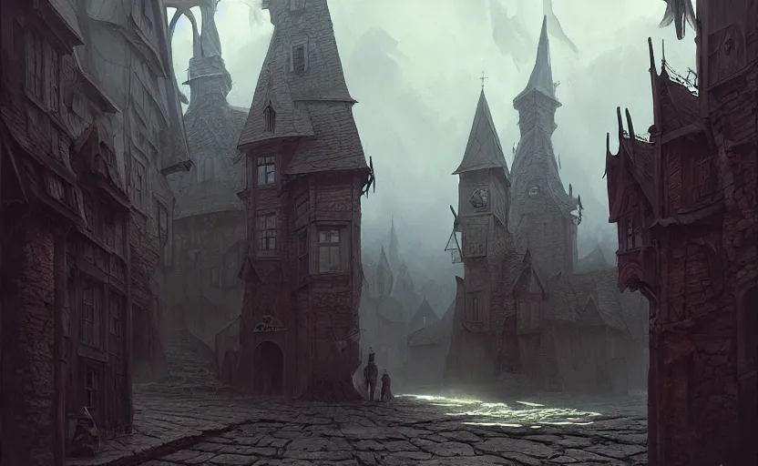 Prompt: epic concept art depicted an old medieval mystic town | art by jakub rebelka and thornton oakley and darek zabrocki and harvey dunn | dramatic mood, overcast mood, dark fantasy environment | trending on artstation, unreal engine, hyperreal movie shot