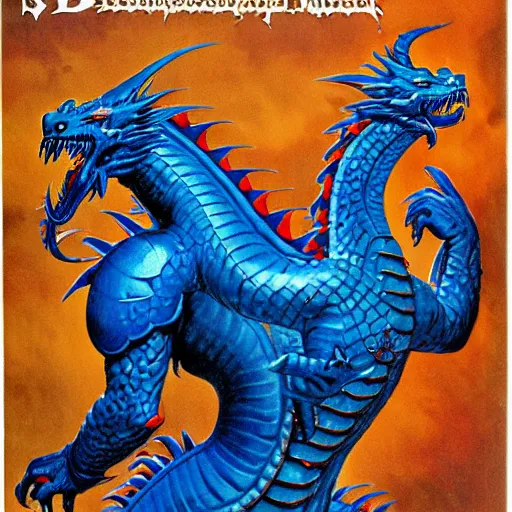 Image similar to half length portrait of a medieval d & d fantasy anthropomorphic blue dragon, d & d rulebook cover art by jeff easley