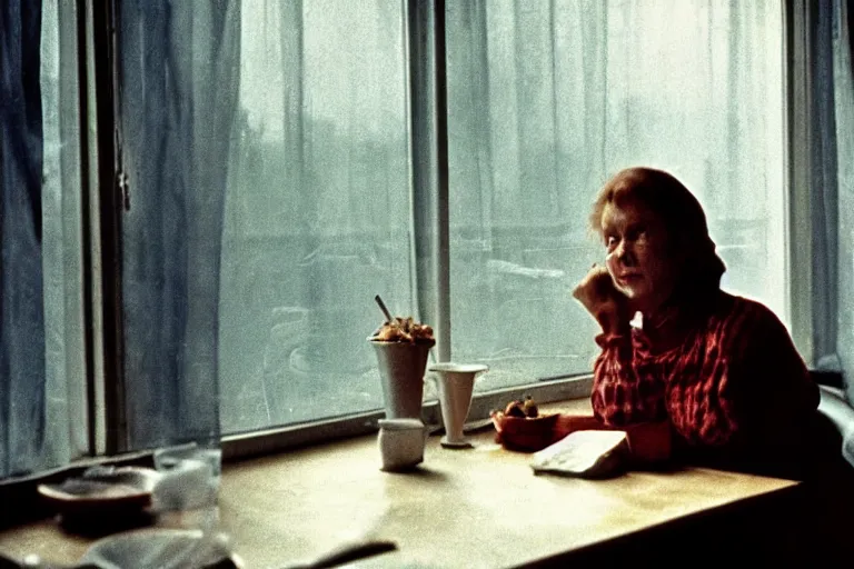 Image similar to soviet movie still a soviet woman sitting at a table next to the window with food, dark warm light, a character portrait by margarita terekhova, movie stalker solaris film still by andrei tarkovsky, 8 k, 1 9 8 4, close - up bokeh, gelios lens, color, noir