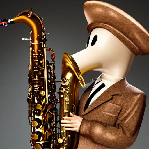 Image similar to an anthropomorphic saxophone playing another saxophone