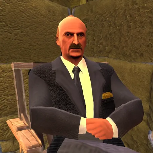 Image similar to Alexander Lukashenko wearing a suit and tie in Balmora in Elder Scrolls III: Morrowind, outdated 2002 Morrowind graphics, low definition, lowpoly