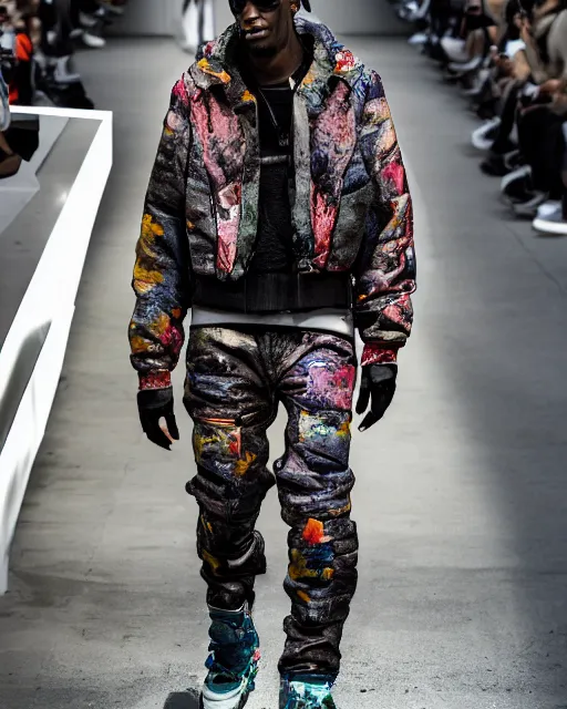 Image similar to hyperrealistic and heavy detailed 2022 poptart balenciaga runway show of travis scott and master chief , Leica SL2 50mm, vivid color, high quality, high textured