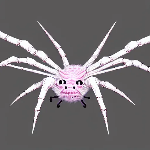 Image similar to Kumoko, a White and black patterened spider with pink eyes and spikes on it's back, CGI, anime, Kumo Desu ga Nani ka?, digital 3D drawing, sharp focus, concept-art