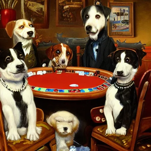 Prompt: 4 dogs playing poker oil painting high detail,