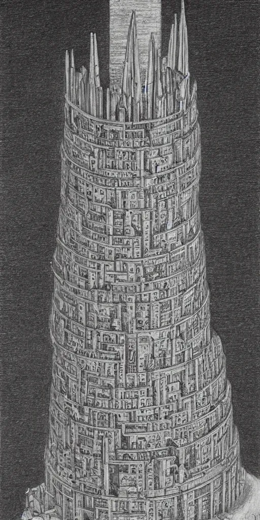 Image similar to line art of tower of babel pencil on paper