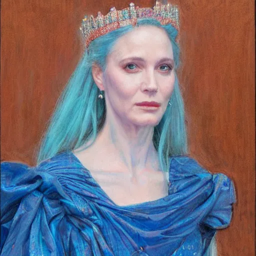 Image similar to frontal portrait of a queen dressed in blue and pink, by donato giancola.