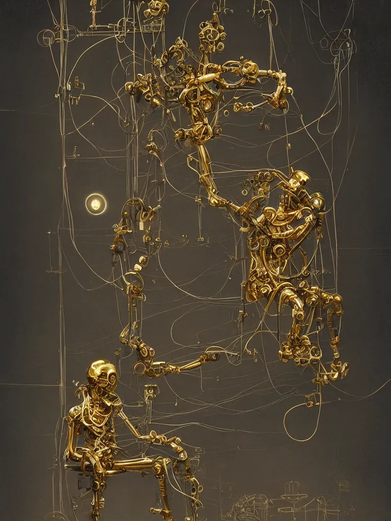 Image similar to mechanical clockwork man made of gold and hanging by wires in a dark room, created by peter mohrbacher, photorealistic, puppet, strings, 8 k