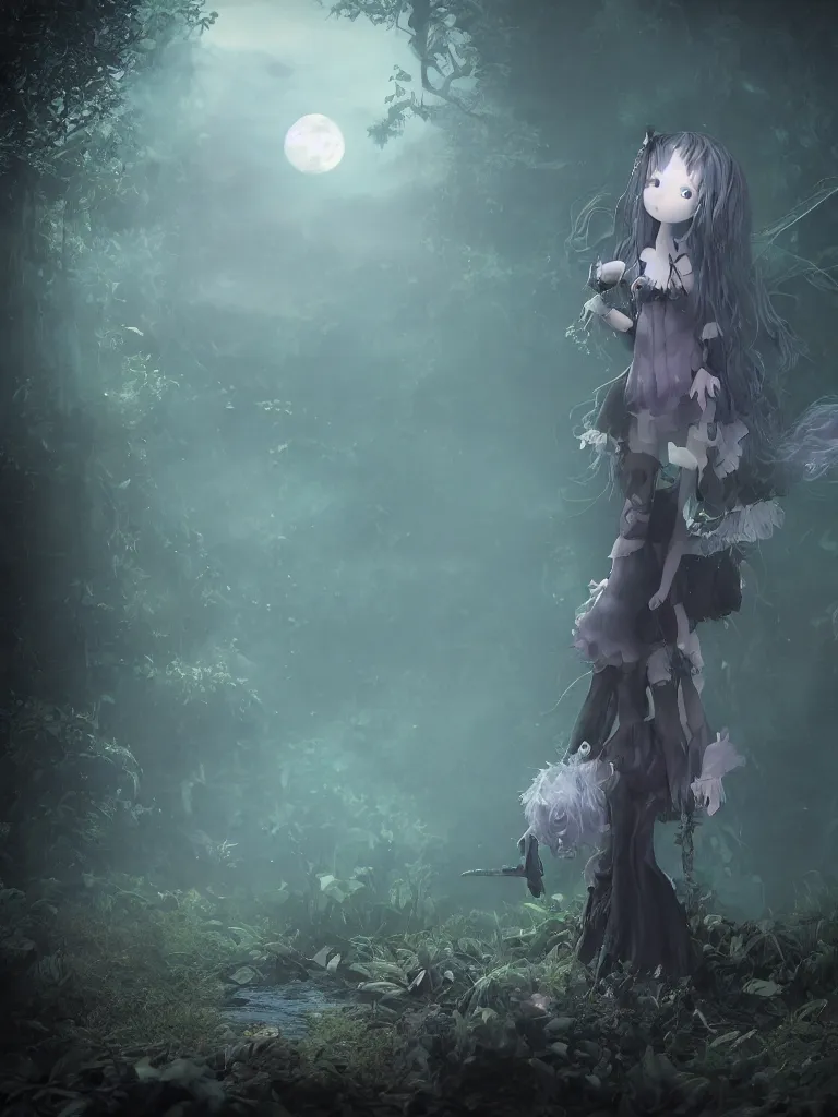 Image similar to cute fumo plush of a frail cursed witch girl wandering the depths of the forbidden jungle, gothic wraith maiden, wispy smoke and volumetric fog on pond, beyond the mirror, filmic, symmetric beauty, moonlight midnight glow, vignette, vray