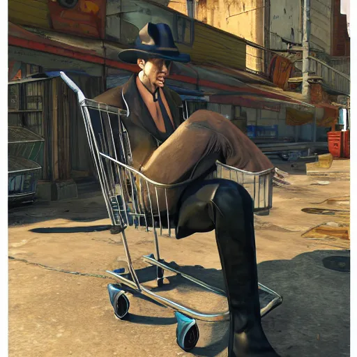 Image similar to nick valentine is sitting in a shopping cart, realism, proportions, 1 6 f, stylization for fallout 4