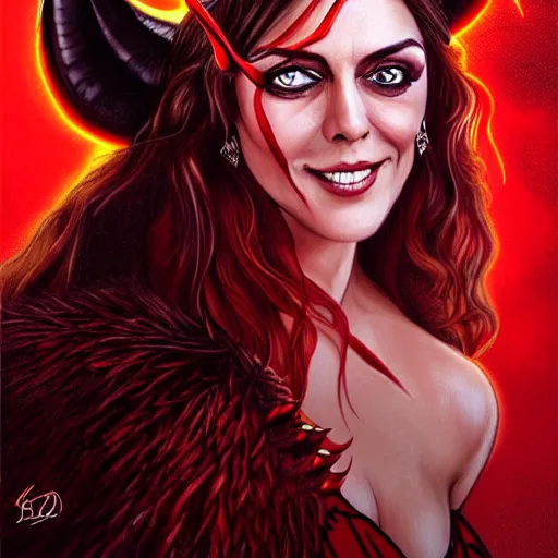 Image similar to illustrated realistic portrait of young Elizabeth Hurley as the Devil with horns wearing red flaming silk by rossdraws