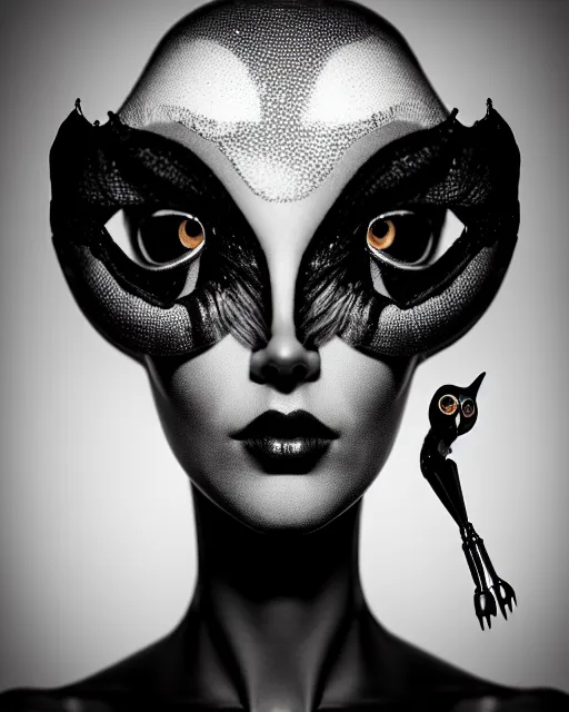 Image similar to surreal mythical dreamy dark artistic black and white fine art 3 / 4 fashion portrait photo of a young beautiful delicate female robot with orchid - owl face, rim light, cinematic, studio dramatic light, poetic, masterpiece, octane render, 8 k, photo - realistic by hg giger and man ray