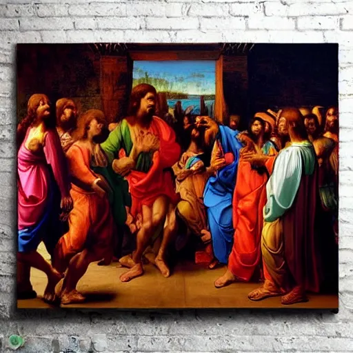 Prompt: jesus christ dancing to afrobeat music dj playing club party photorealistic ultra-realistic in the colourful style of leonardo da vinci artstation hd oil painting Renaissance painting