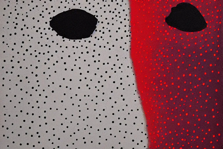 Image similar to face made out of mist, faceless people dark, dots, drip, stipple, pointillism, technical, abstract, minimal, style of francis bacon, asymmetry, pulled apart, cloak, hooded figure, made of dots, abstract, balaclava, red dots