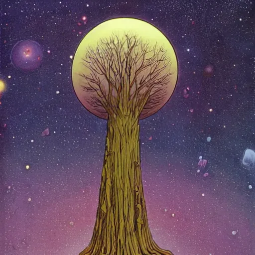 Prompt: a large tree rooted in a galactic crystal hovering in space, by moebius