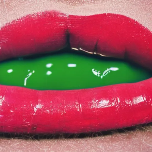 Prompt: medium shot open human mouth with thick viscous green slime oozing out, thick red lips, human staring blankly ahead, melancholy, unsettling, art house film aesthetic, color grain 3 5 mm, hyperrealism, 8 k, high detail, sharp focus, masterpiece, moma, contemporary art, photography