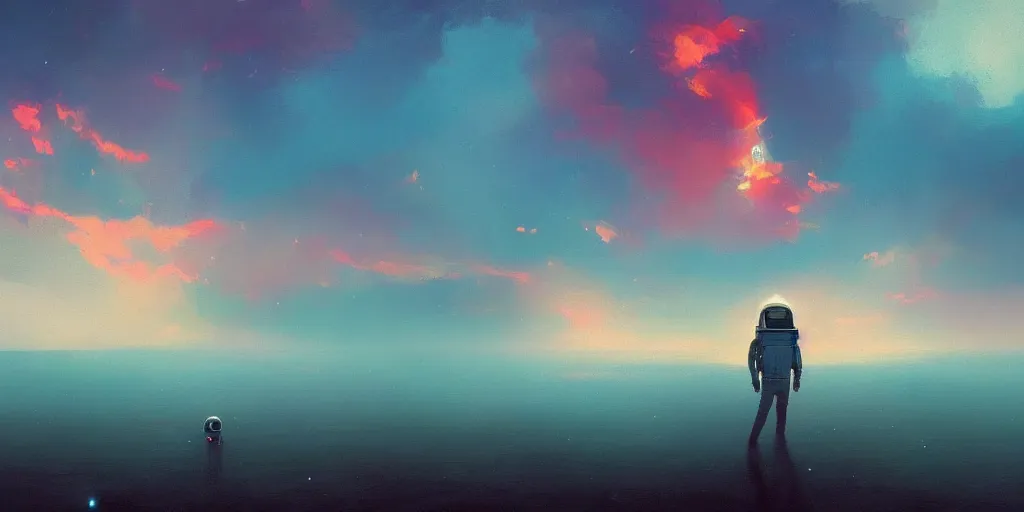 Prompt: spaceman, surreal photography, sunrise, dramatic light, impressionist painting, colorful clouds, digital painting, artstation, simon stalenhag