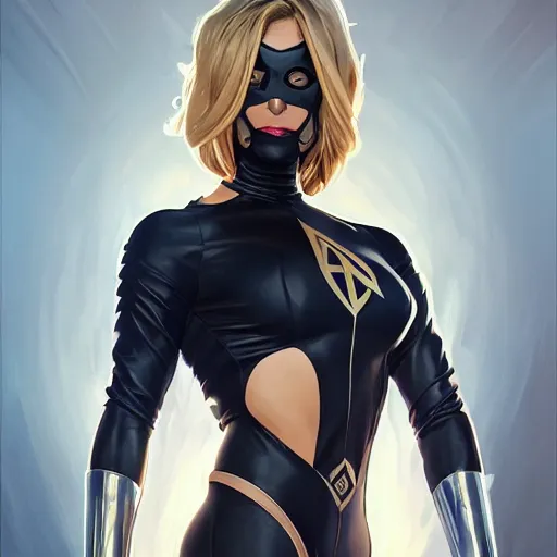 Prompt: character concept portrait, symmetrical, black canary, mask, her arms tucked behind her back, navy leotard costume, bust, curvaceous, medium shot. detailed, high quality, dynamic lighting, fantasy, shiny. artwork by artgerm, wlop, alex ross, greg rutkowski, alphonse mucha