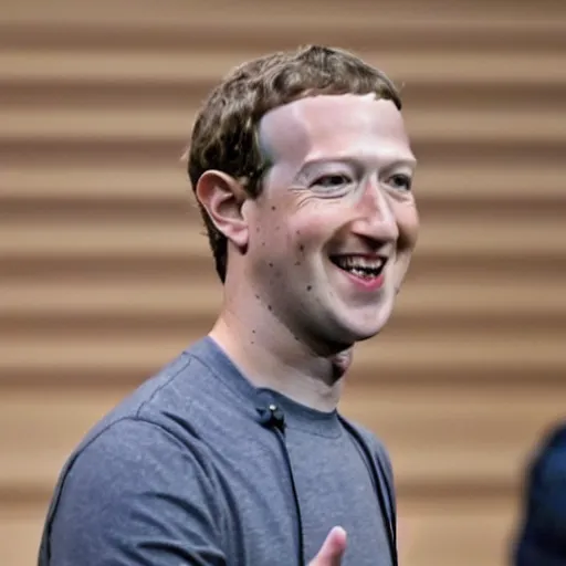 Image similar to extremely zoomed-in photo of sad Mark Zuckerberg looking at the camera with a big smile and waving