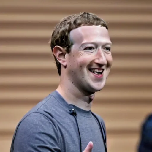 Prompt: extremely zoomed-in photo of sad Mark Zuckerberg looking at the camera with a big smile and waving