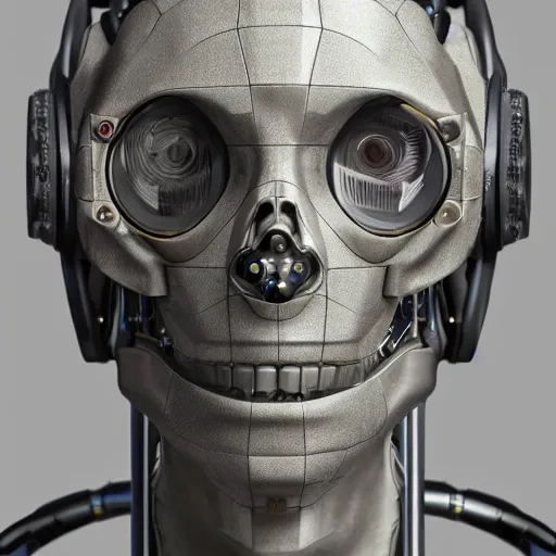 Image similar to very detailed portrait 55mm photo of a mechanical head without skin, with crystal bones and optic fiber nerves, gears in his head and cybernetic enhancements no plating. Packed with cybernetics. Has cameras for eyes. In the forest with bokeh. Ray tracing and tessellation. Very sharp high detailed 8k image