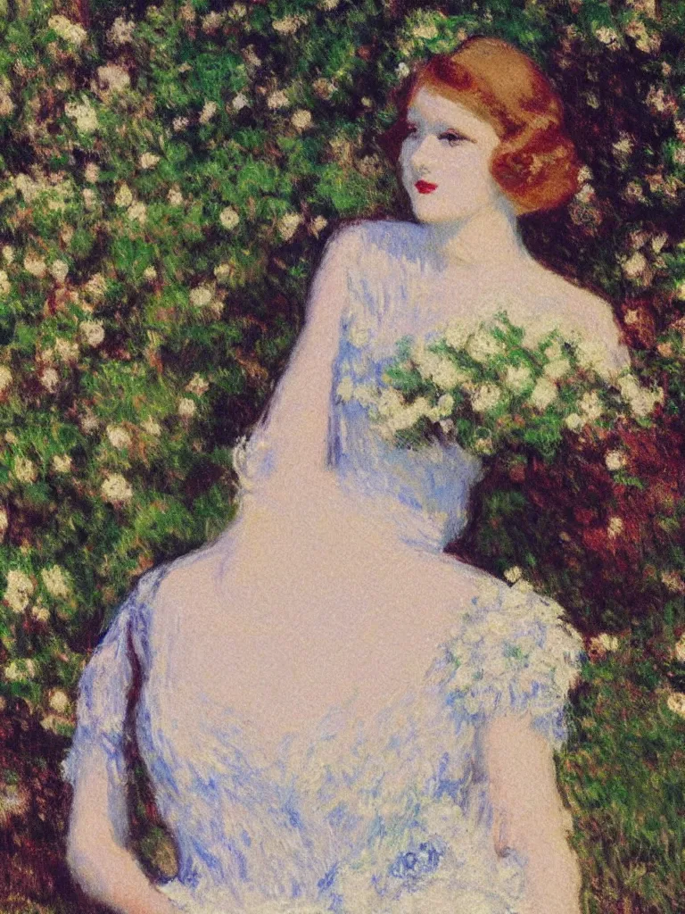 Image similar to portrait of < zelda fitzgerald > as a beautiful young lady wearing 1 9 2 0 s fashion, blurry face, brown hair, slim, fair, severe out of focus, depth of field, pleinairism, in the sun, backlit, closeup, oil on canvas, atr by monet, in the style of le promenade, smooth, impressionnisme, 8 k