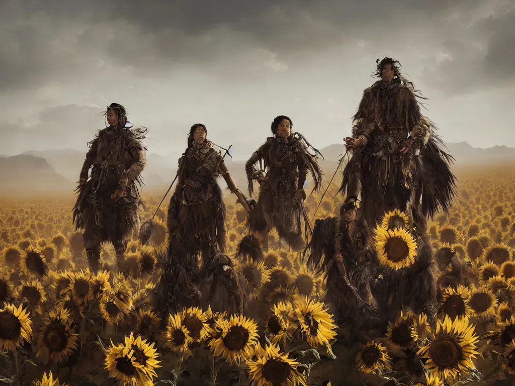 Image similar to a fancy portrait of the mighty sunflower people, a powerful nomadic mongolian tribe of giant humans that follows the sun in a vast barren valley where helianthus grow, by Greg Rutkowski, Sung Choi, Mitchell Mohrhauser, Maciej Kuciara, Johnson Ting, Maxim Verehin, Peter Konig, Bloodborne, macro lens, 35mm, 8k photorealistic, cinematic lighting, HD, high details, atmospheric