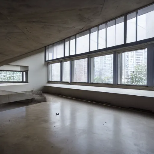Image similar to a photo of a brutalist interior with high ceilings and big windows