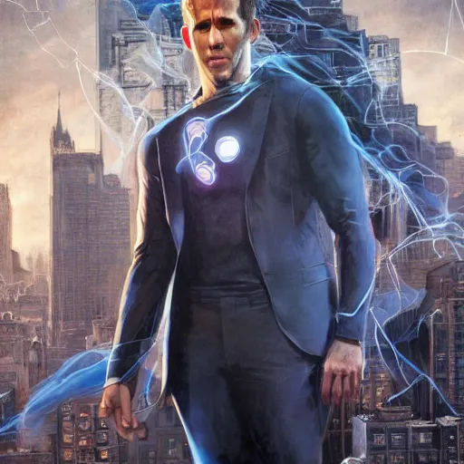 Image similar to ryan reynolds as spider - man, wearing a black and blue suit, cinematic, volumetric lighting, f 8 aperture, cinematic eastman 5 3 8 4 film, photorealistic by greg rutkowski, by stanley artgerm, by alphonse mucha