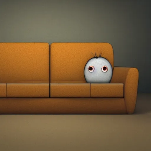 Image similar to photo of a scared anthropomorphic sofa, hiding behind another sofa, digital art