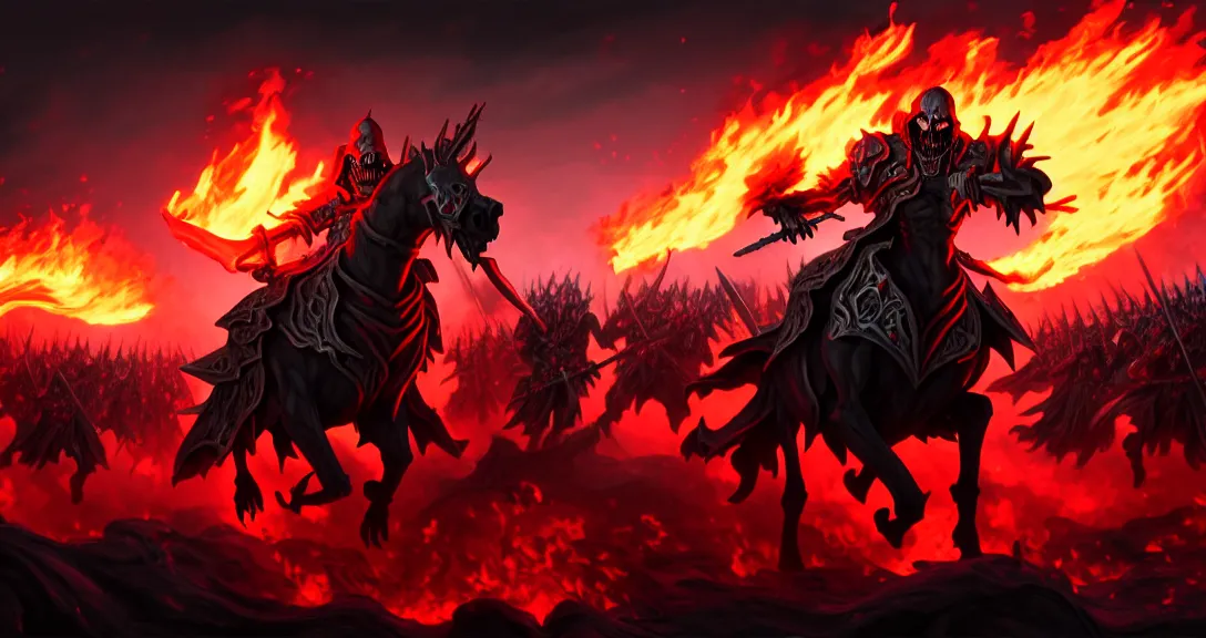 Image similar to ainz ooal gown leading his undead army to battle riding a flaming horse, undead soldiers in background, highly detailed, deep focus, elegant, artstation, digital painting, smooth, sharp focus, illustration, ultra realistic, 8 k, art by jama jurabaev