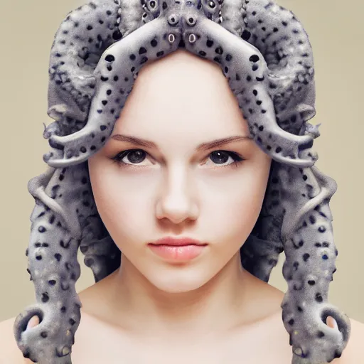 Image similar to girl with a gray octopus for hair, beautiful face, pretty face, photorealistic, 4 k resolution, wide angle lens, 1 5 mm, depth of field, serene, digital art.