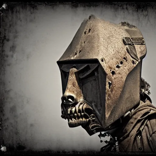 Image similar to extra wide view. an ominous dark ancient mask. barron. worn out photography. sepia. cracks. hyper - detailed. gothic steampunk. low poly medieval baroque. symmetric. epic. hyper - realistic. unreal render.
