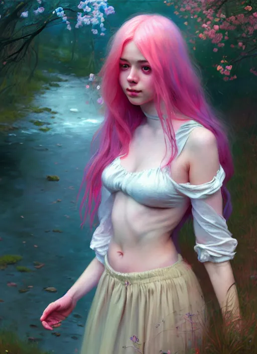 Prompt: whimsical young woman, beautiful girl, full body, pink hair, by a stream, realistic, serov, surikov, vasnetsov, repin, kramskoi, insanely detailed, charlie bowater, tom bagshaw, high resolution, octane rendered, unreal engine, illustration, trending on artstation, masterpiece, 8 k