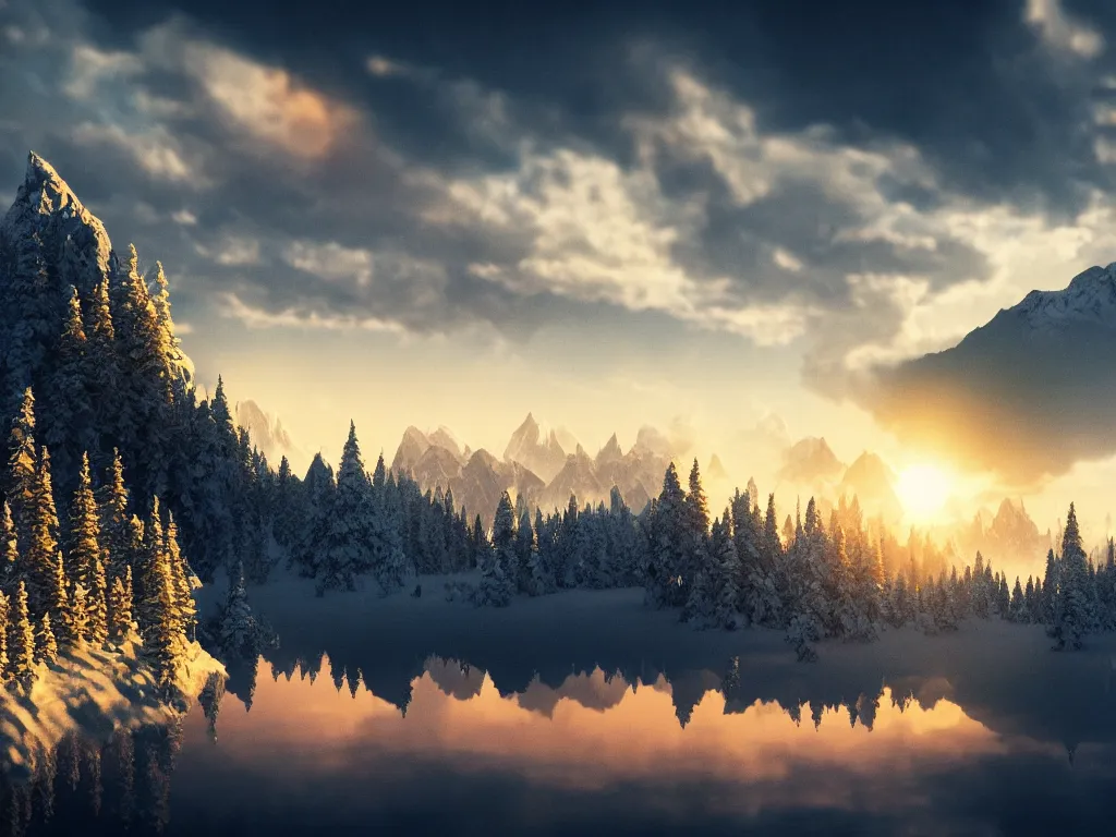 Image similar to epic crystalline taiga with a lake, golden hour, distant mountains, atmospheric perspective, altostratus clouds, planets, cinematic, 3 5 mm lens, photographic, octane render, cinematography by roger deakins, in the style of ansel adams
