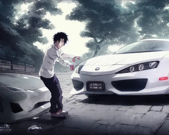 Image similar to a 50 year old brunnete chinese man getting into a white fast car, horror scene, dramatic, anime art, Greg Rutkowski, studio ghibli, dramatic lighting