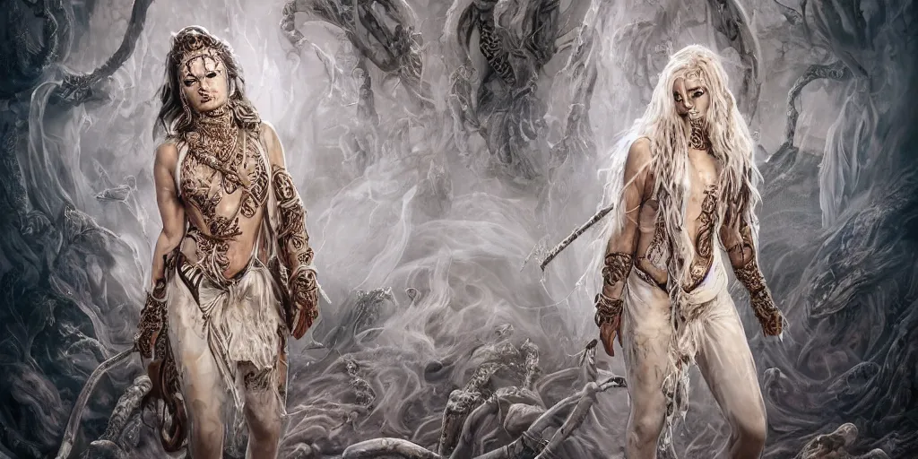 Image similar to full body character design of realistic asian Sumerian Death Goddess ivory skin runic icons + mystical symbols, with small bleached bones covering vest and flowing electricity and smoke , fantasy, intricate, elegant, highly detailed, digital painting, artstation, concept art, sharp focus, photoreal, ghostbusters , peter mordenbacher,Mike Winkelmann, photo real, ultra realistic, intricate, epic lighting, 8k resolution, unreal engine 5, ultraviolet colors