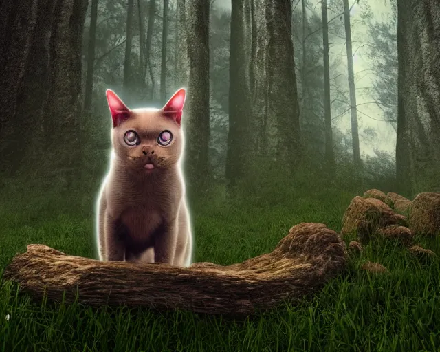 Image similar to a hyperrealistic 3 d render of an evil cat in a haunted forest, extreme wide shot