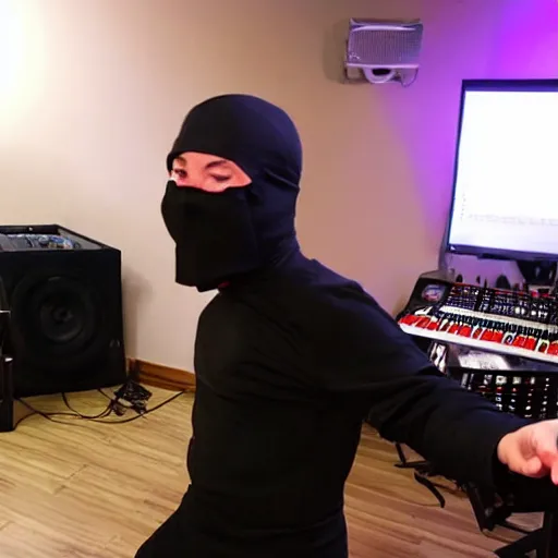 Image similar to photo of a drunk ninja in a music studio