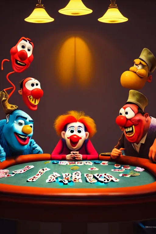 Image similar to pixar serious people playing poker, an angry clown is sitting at the table, screaming | glamorous oily soft polished rich ornate modern | weta disney pixar movie still photo | hi - fructose, sci fi fantasy, smooth, octane render, sharp focus, artstation, concept art | artgerm, mucha, rutkowski, feng zhu, wlop, loish