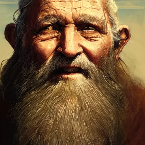 Image similar to Portrait of a old man with a long beard dressed in brown wizard robes with a hawaiian shirt underneath, detailed face, fantasy, highly detailed, cinematic lighting, digital art painting by greg rutkowski